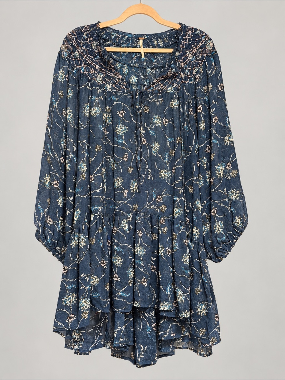 Free People Navy Floral Embroidered High Low Boho Tunic Top L
